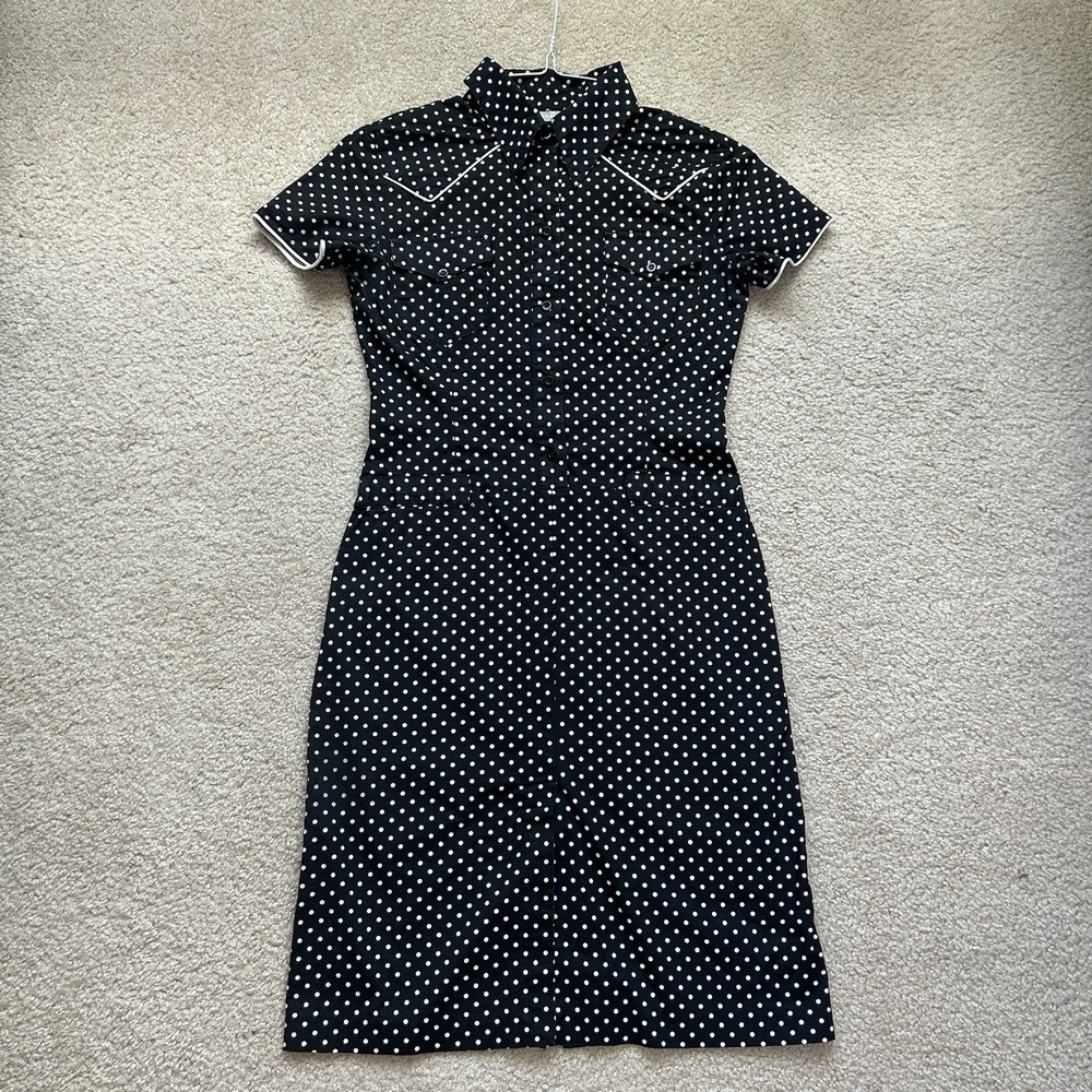 Naf Naf XS Vintage Rockabilly Western Shirt Dress Blk/ Wht Polka Dot Retro